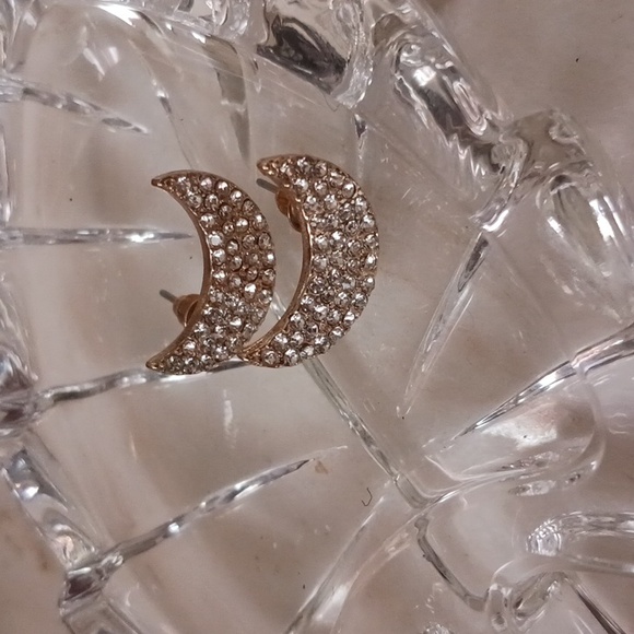 NWOT Rhinestone Moon Earrings, Gold Settings And Backs - Picture 5 of 5